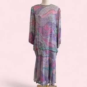 Vintage 80s Beaded Silk Statement Dress M